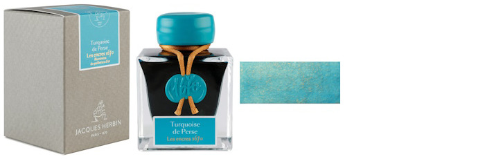 Jacques Herbin Ink bottle, 1670 Inks series Turquoise de Perse (with gold flecks)