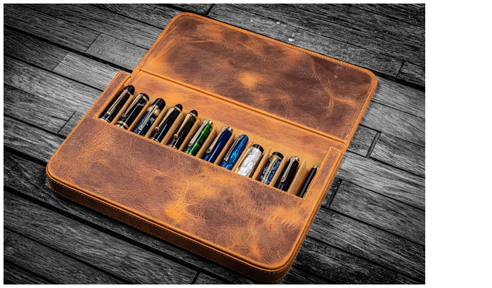 Galen Leather Co. Pen pouch, Leather Magnum Opus 12 Slots series Crazy Horse Brown 