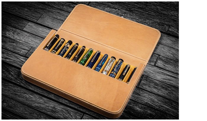 Galen Leather Co. Pen pouch, Leather Magnum Opus 12 Slots series Crazy Horse Honey Ocher